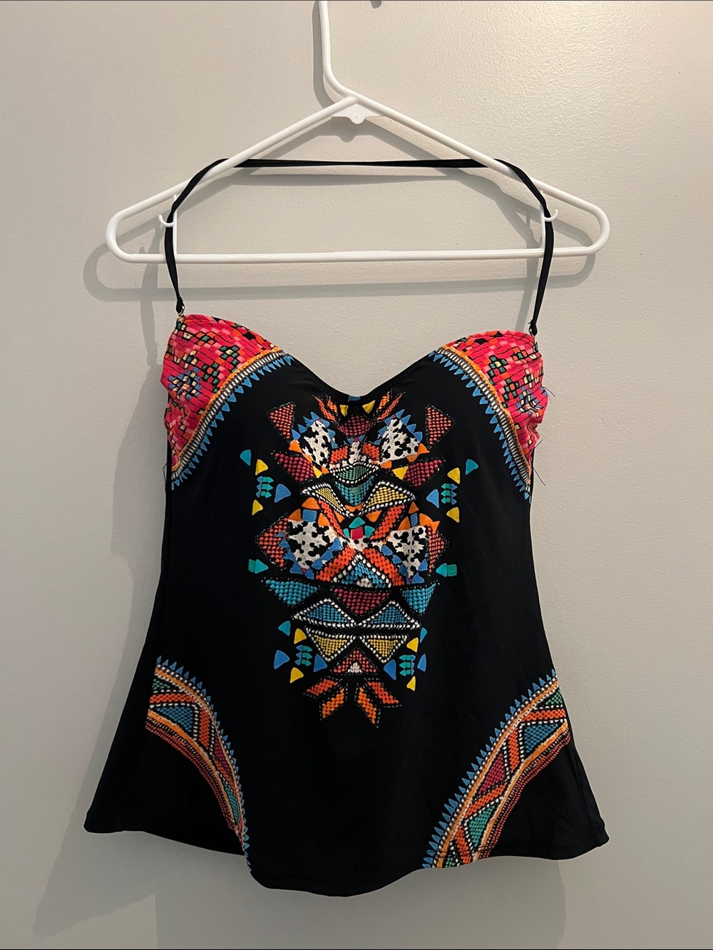 La Blanca Tankini Swim Top - Black with Colorful Mosaic - Size 12